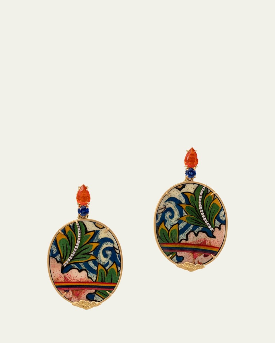 Marquetry 18K Gold Tibetan Rainbow Earrings with Fire Opal, Kyanite, and Diamonds